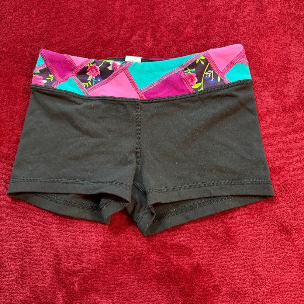 Ivivva Girls Black Reversible Athletic Shorts Floral Geometric Waistband Size 8